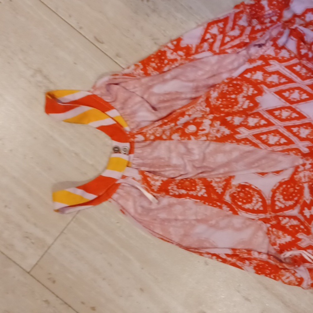 Free People Orange/White Boho Design Print Rayon/Linen Halter Tunic Top - Picture 4 of 9